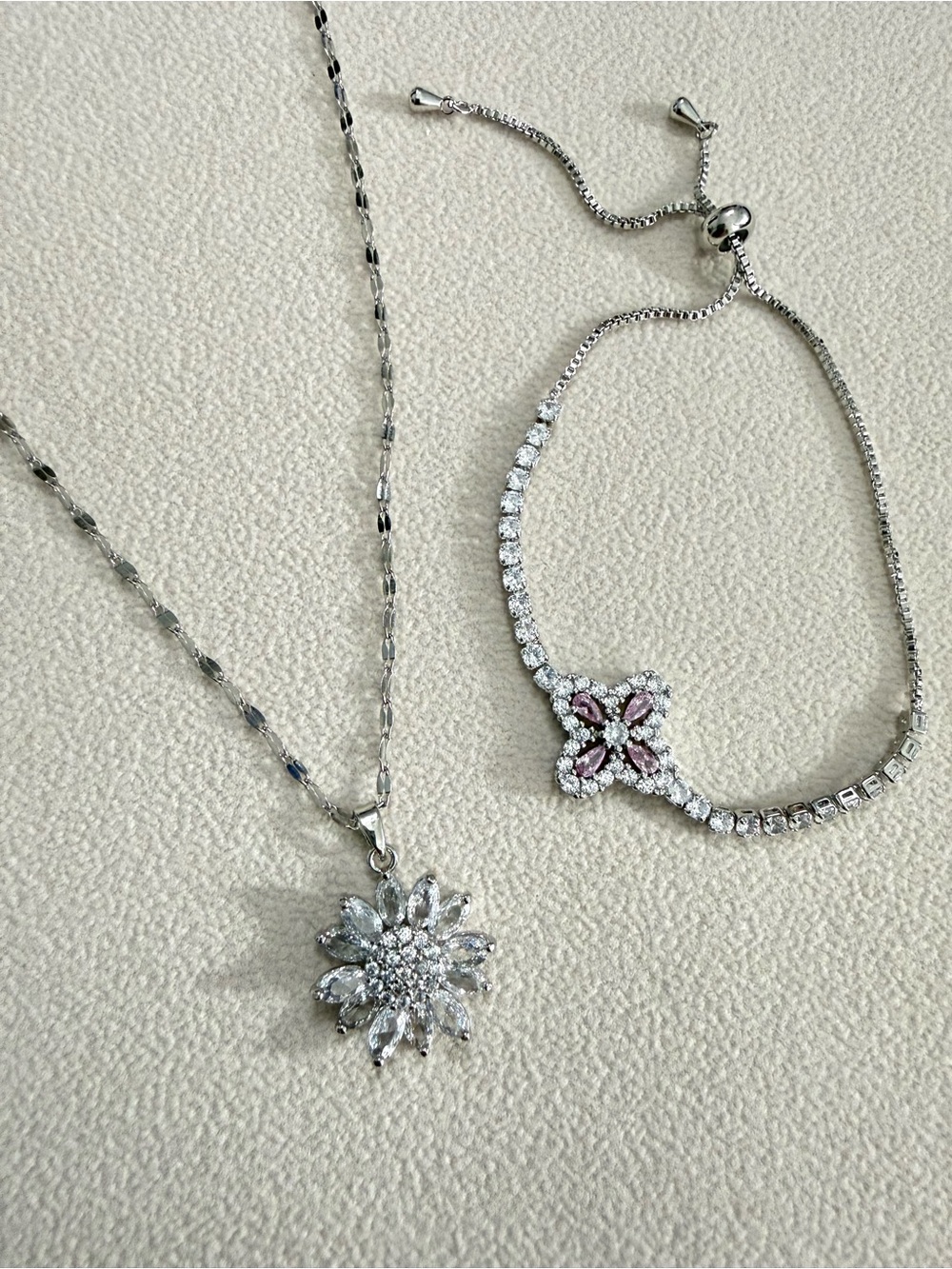 Zircon stainless steel Flower Pendant Necklace and Pink Flower Bracelet set